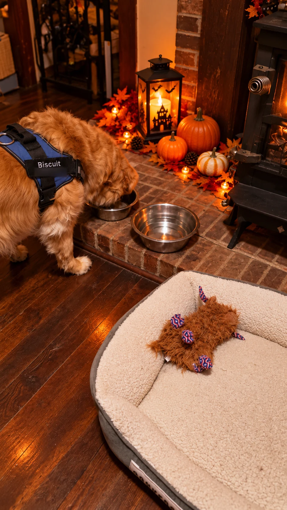 Biscuit beside his food and water bowls in the cozy living room