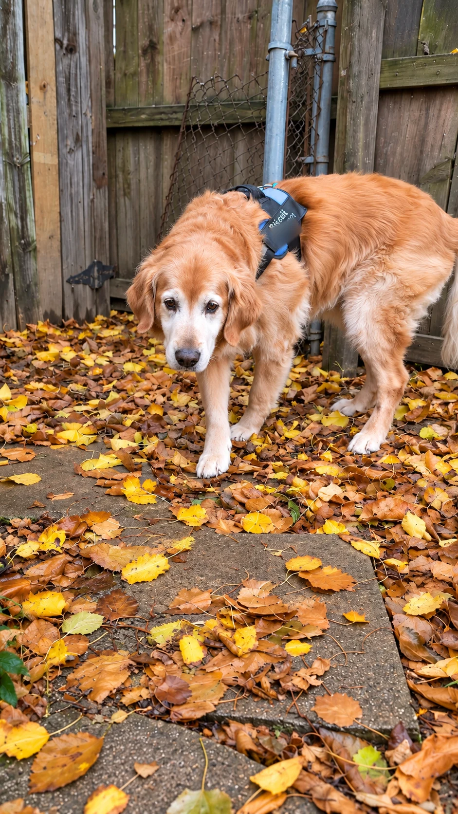 Biscuit the golden retriever exploring the fenced backyard