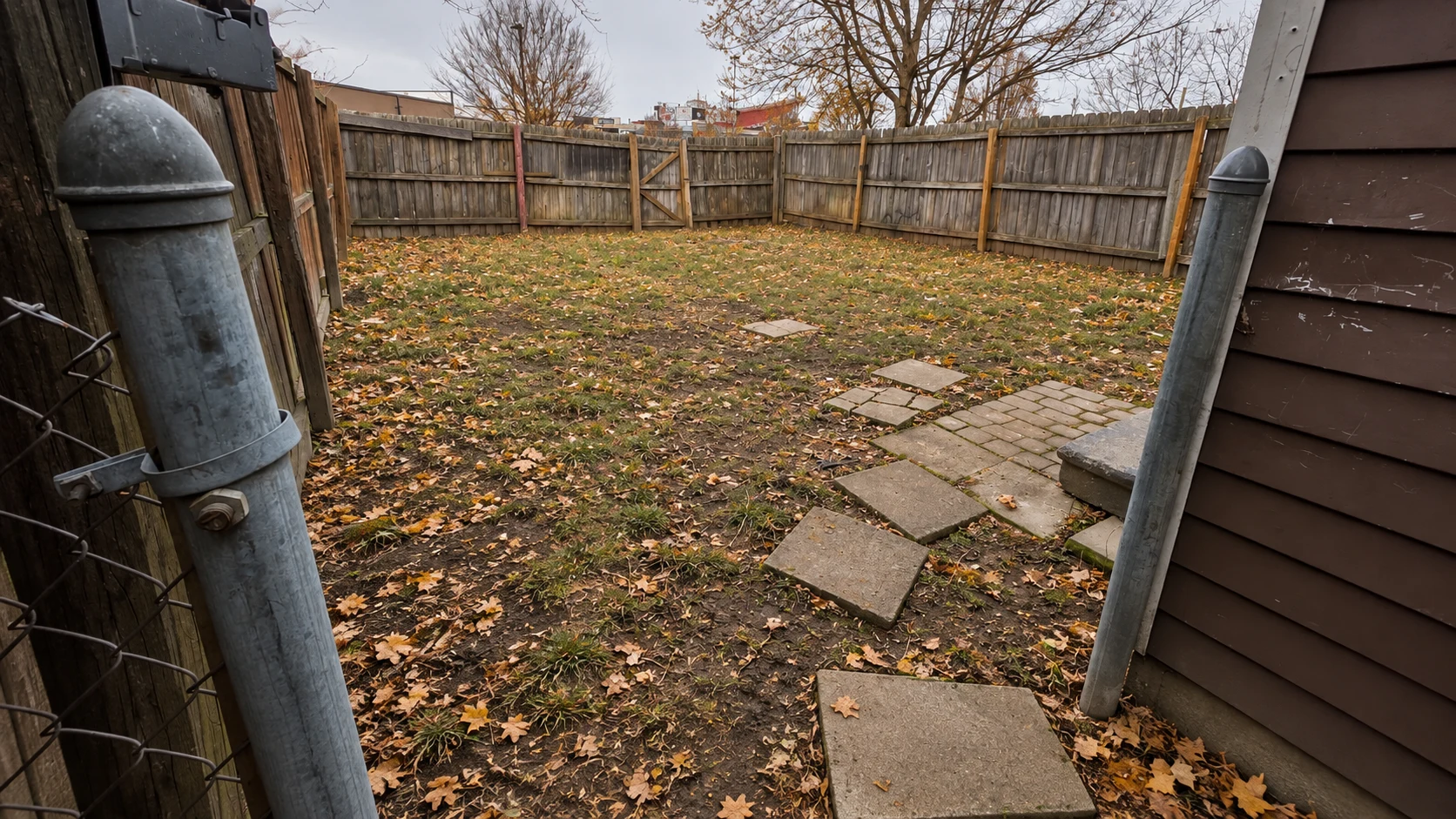 Raven's privacy-fenced backyard, with grass and an outdoor gate