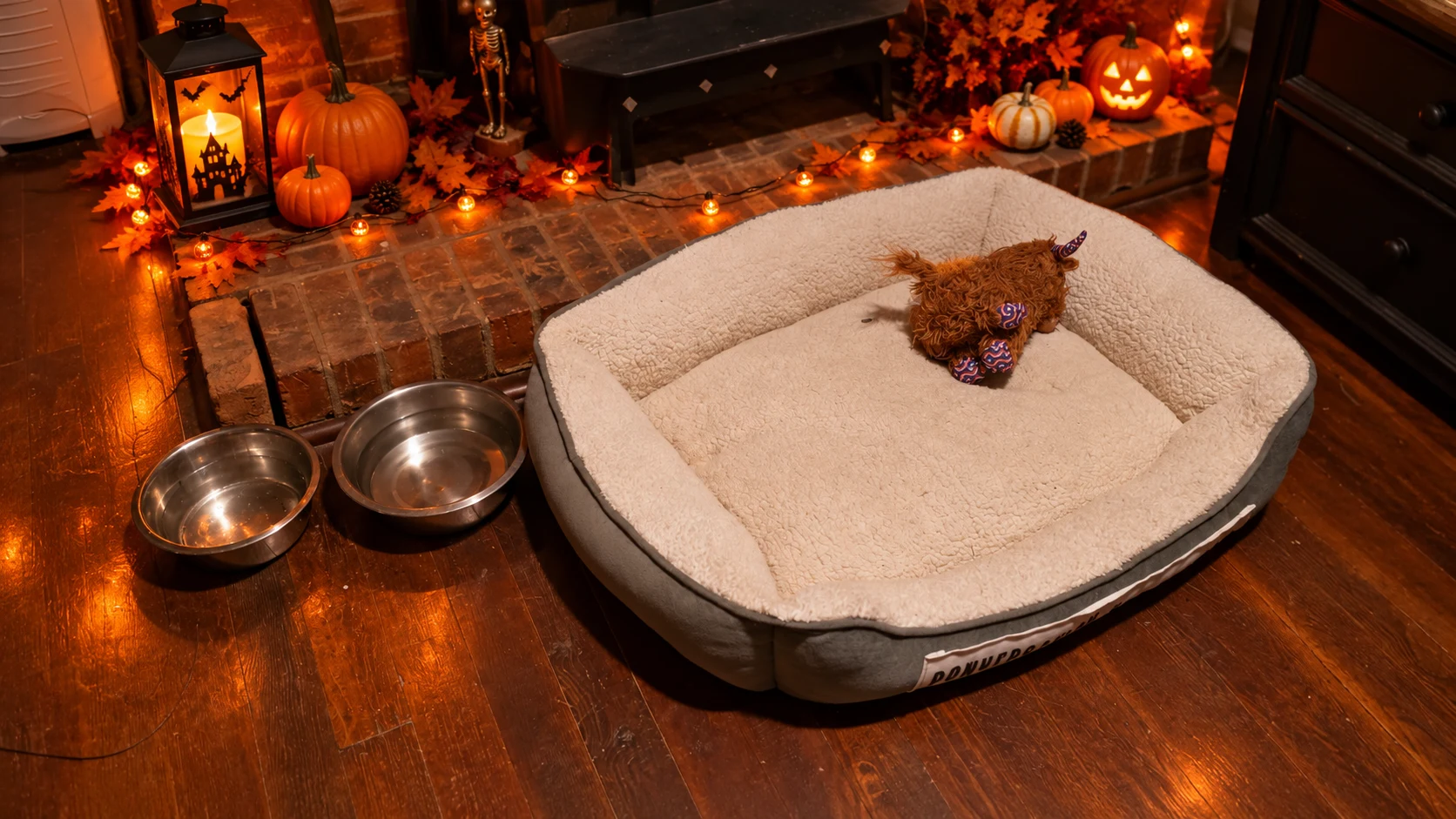 Cozy dog bed and pet bowls beside the fireplace, ready for visiting dogs