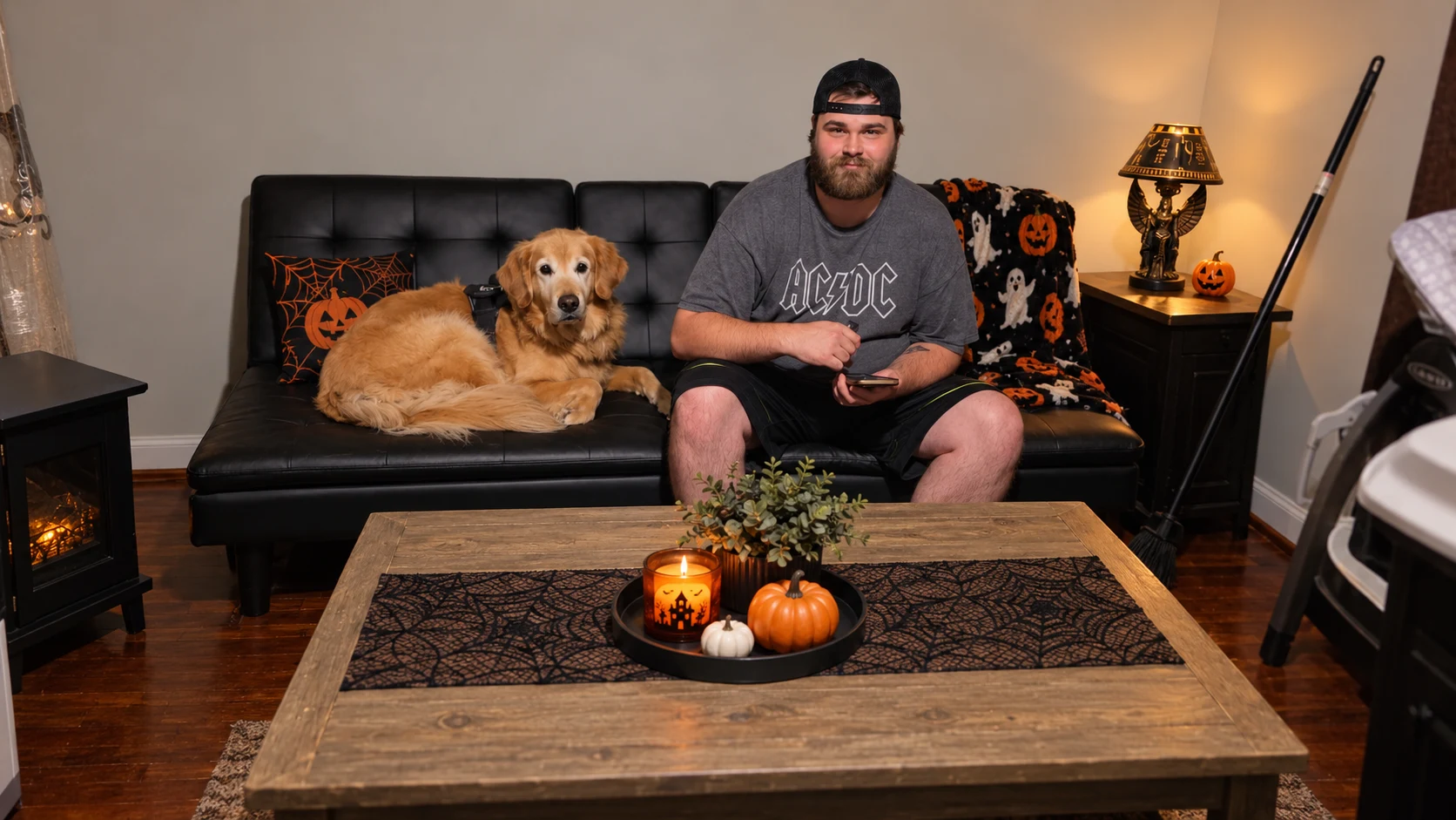 A golden retriever relaxing on the couch with Isac