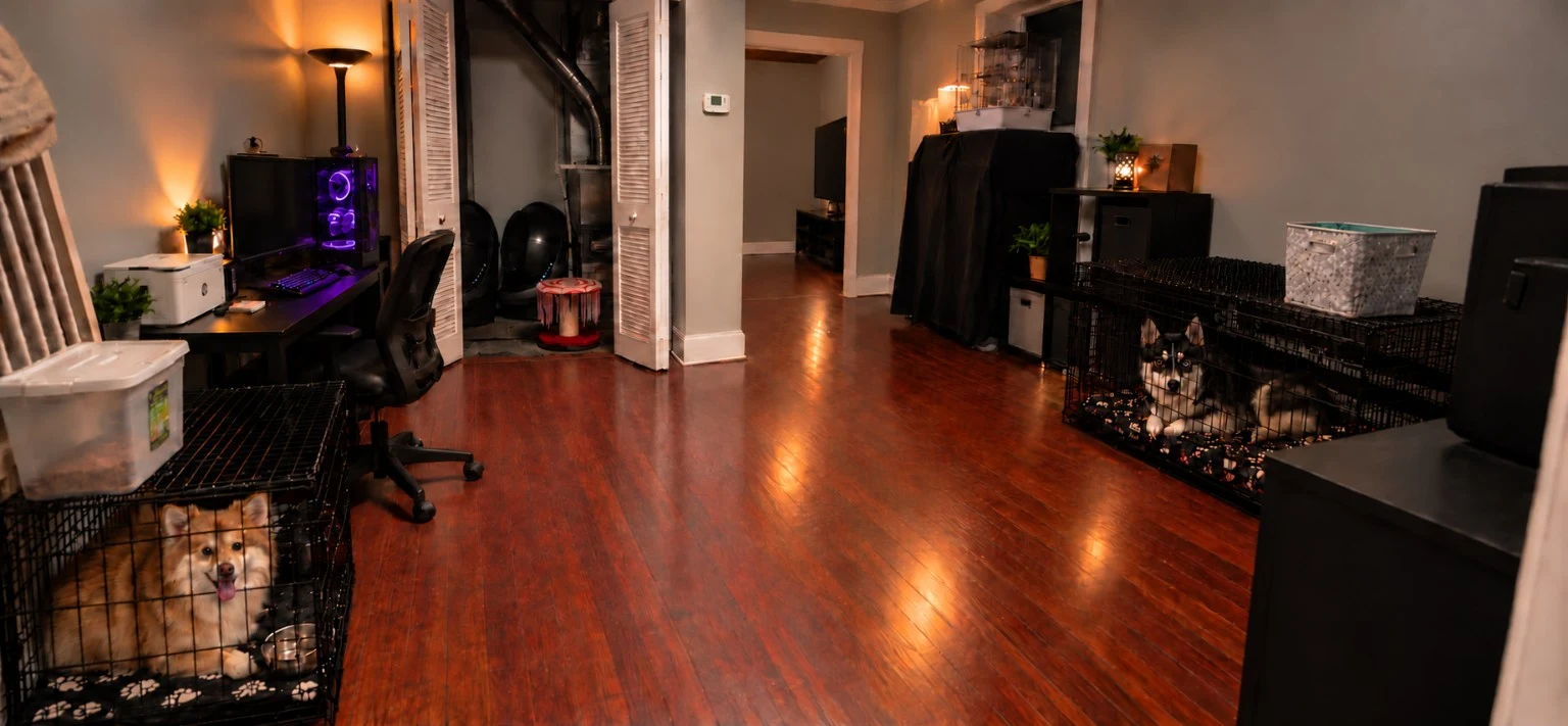 Indoor dining and pet-care area with hardwood floors, desk, and resident dogs resting in their crates