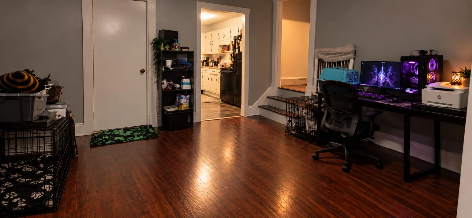 Home office with desk, dog crates and stairs in the background