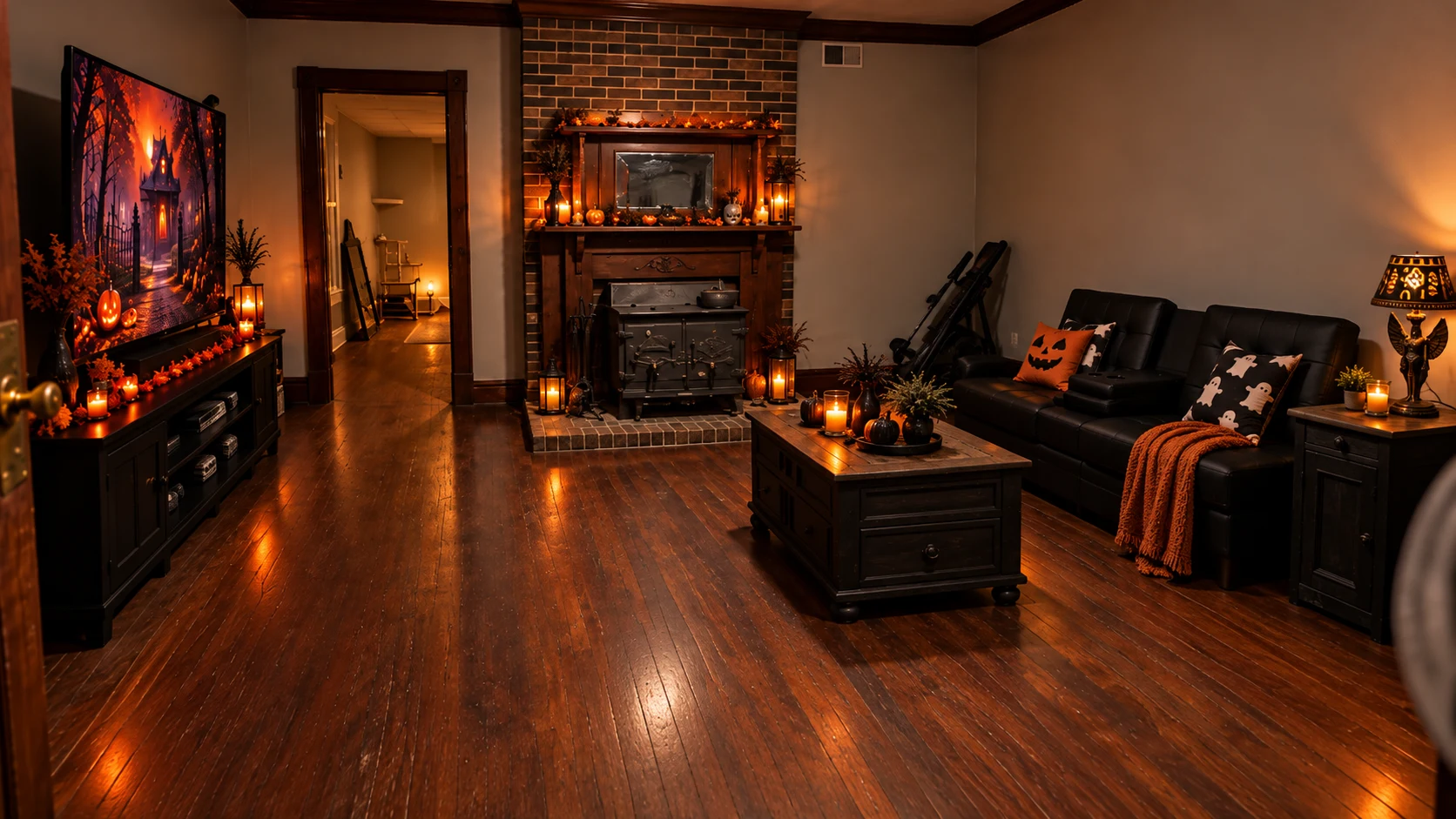 Warm living room with wood floors, a fireplace, and cozy seating in Raven's home