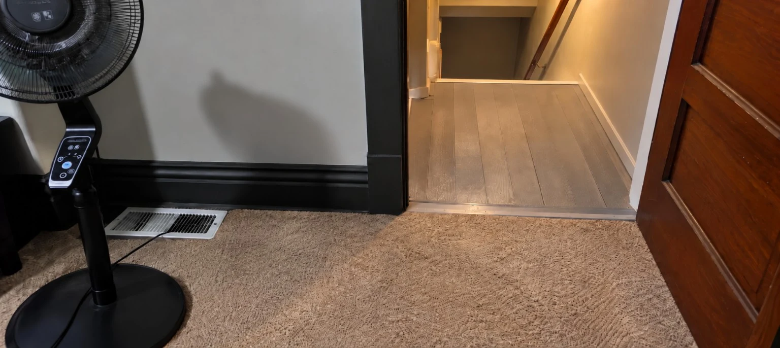 Upstairs carpeted landing and entrance to the hallway in Raven’s family home