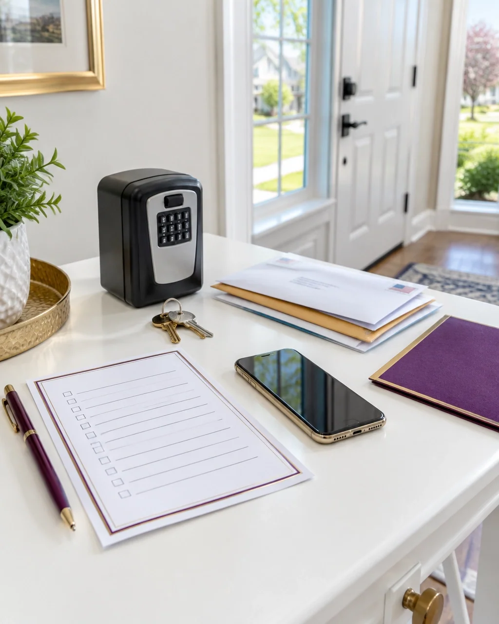 Key lock box, key ring, phone, and home check notes on a clean entry table