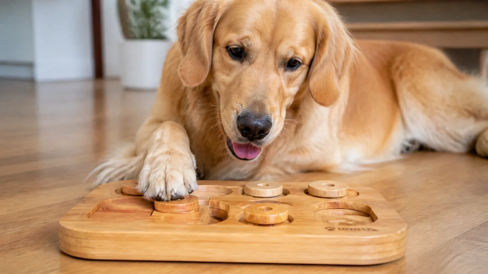 Happy dog enjoying an interactive wooden puzzle toy on a clean wooden floor