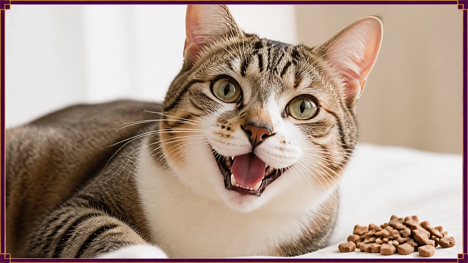Happy cat in a close-up pet-only image with a treat nearby, no people, uniforms, logos, or text