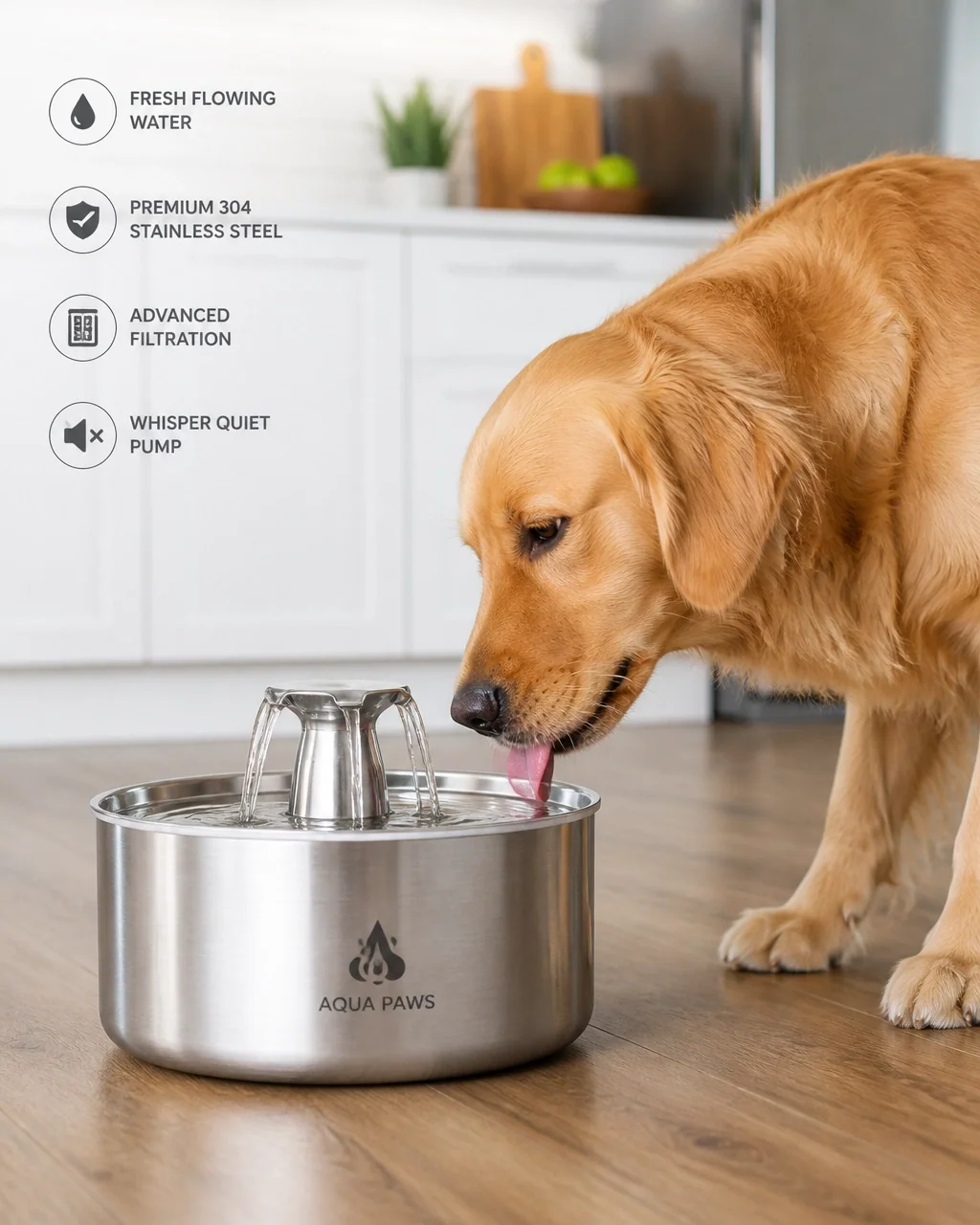 A clean stainless steel pet water fountain with fresh crystal clear water flowing
