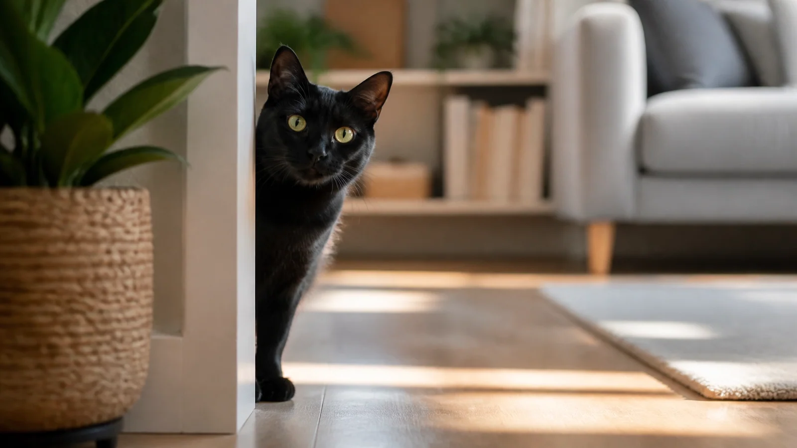 A sleek, curious black cat peering brightly into a cozy living room with soft natural sunlight