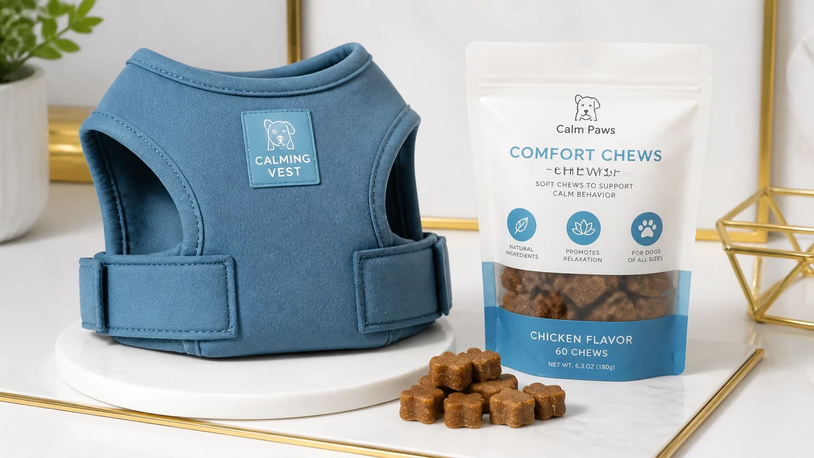A cozy calming dog vest and comforting chew treats neatly arranged on a clean white surface