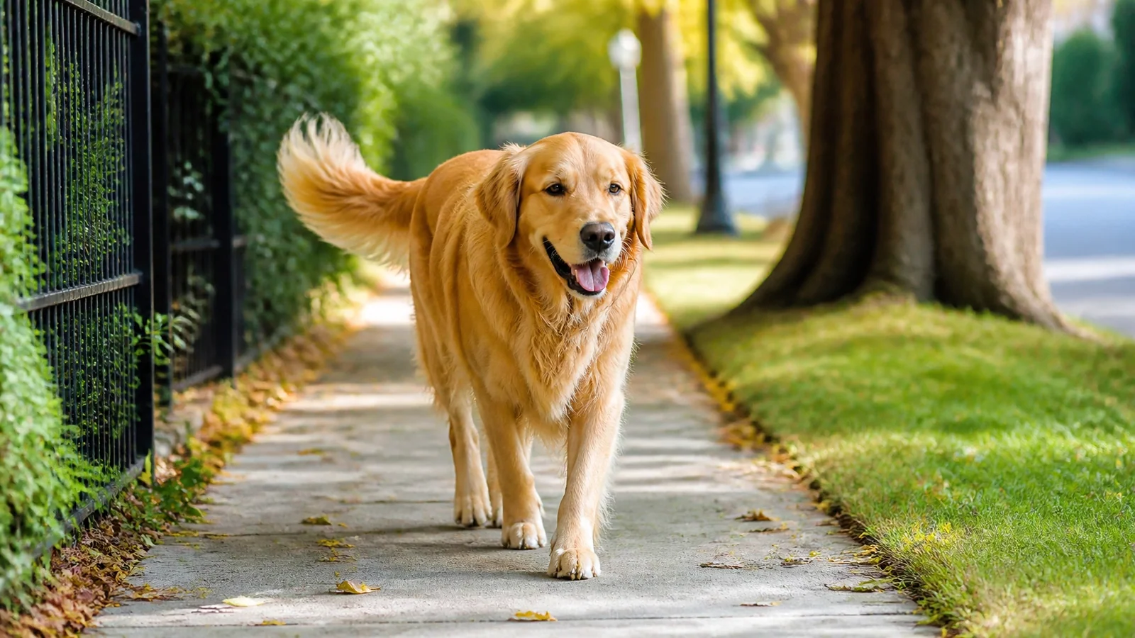 Dog walking alone on a leafy neighborhood sidewalk