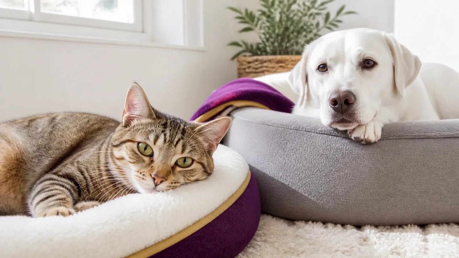 Relaxed pets resting peacefully in a bright home