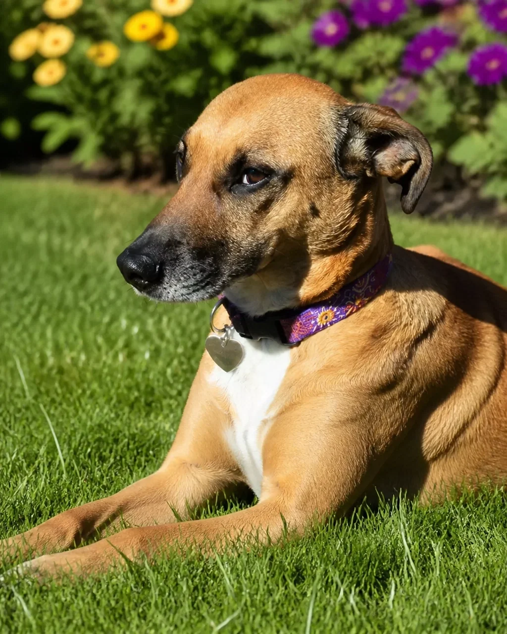 Relaxed brown dog resting in a clean sunny yard