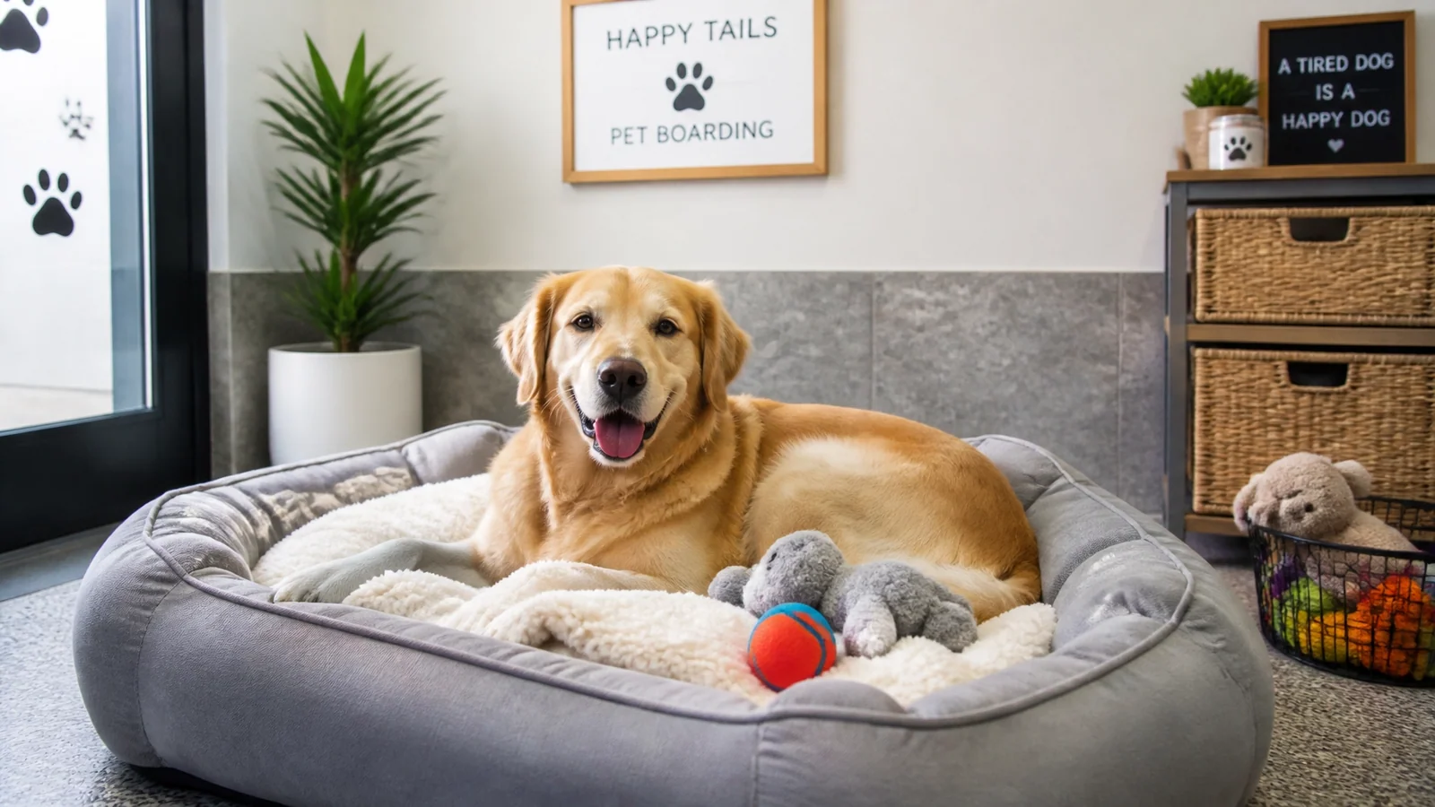 A cozy and safe indoor pet boarding environment with comfortable bedding