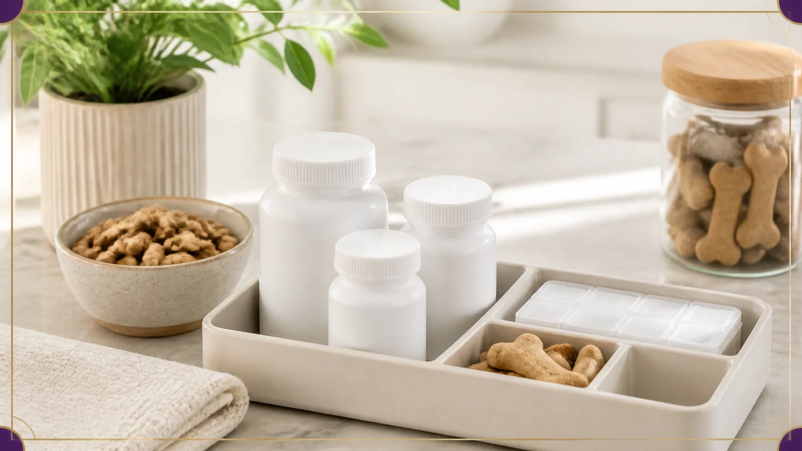 Pet medication care items only on a clean counter, with no people, uniforms, logos, brand names, or text