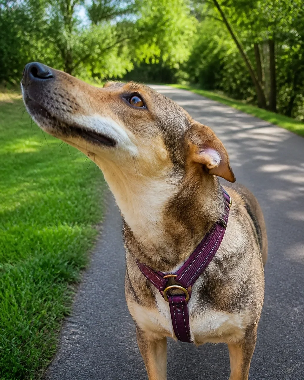 Dog wearing a secure walking harness on a park trail