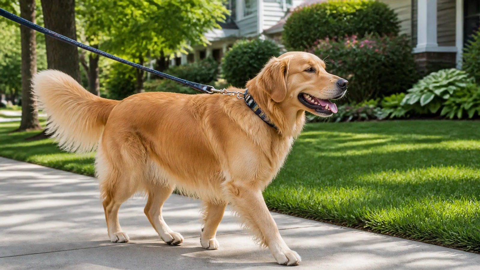 A happy dog walking contentedly on a leash on a green suburban sidewalk
