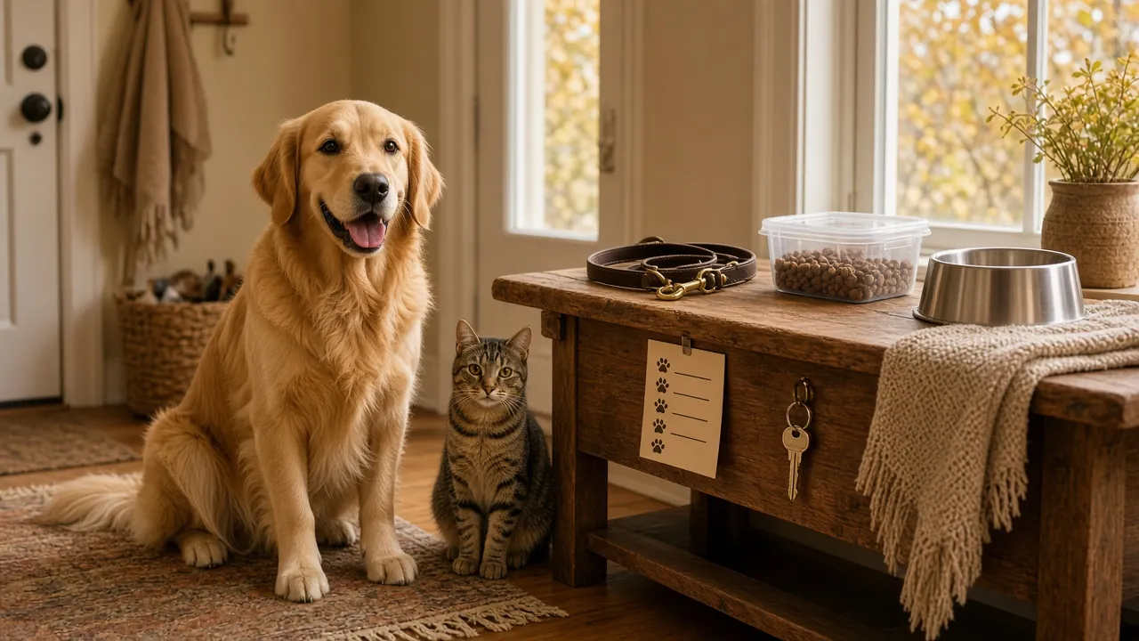 Golden retriever and tabby cat beside a pet sitter prep table with a leash, pet food, bowl, care checklist and house key