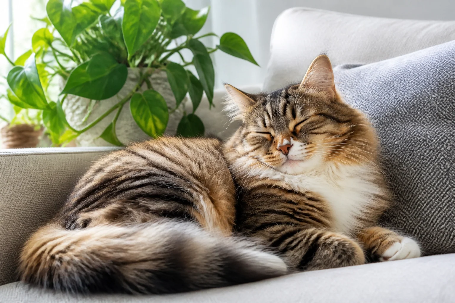 Cat resting peacefully on a cozy sofa next to a green houseplant