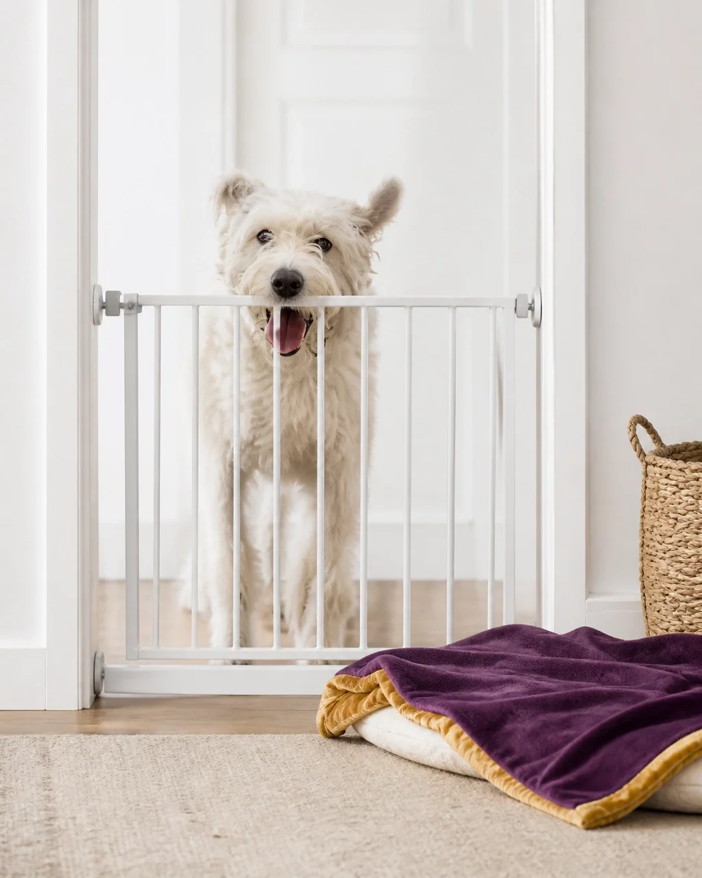 Calm dog being introduced to a bright, quiet indoor care space
