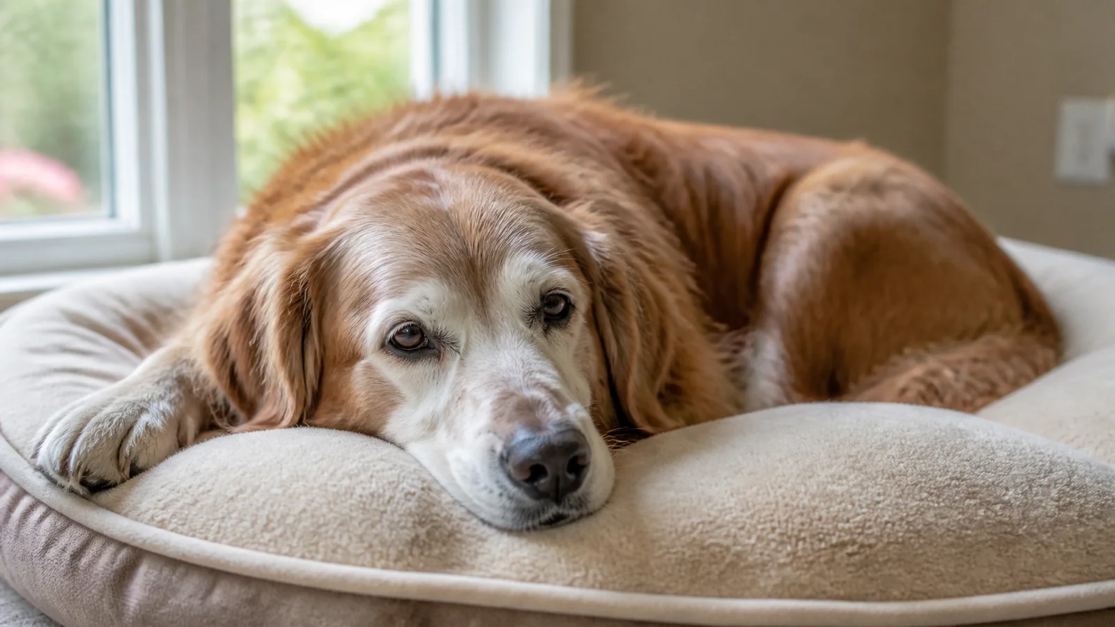 A serene senior dog resting peacefully on a plush cushion
