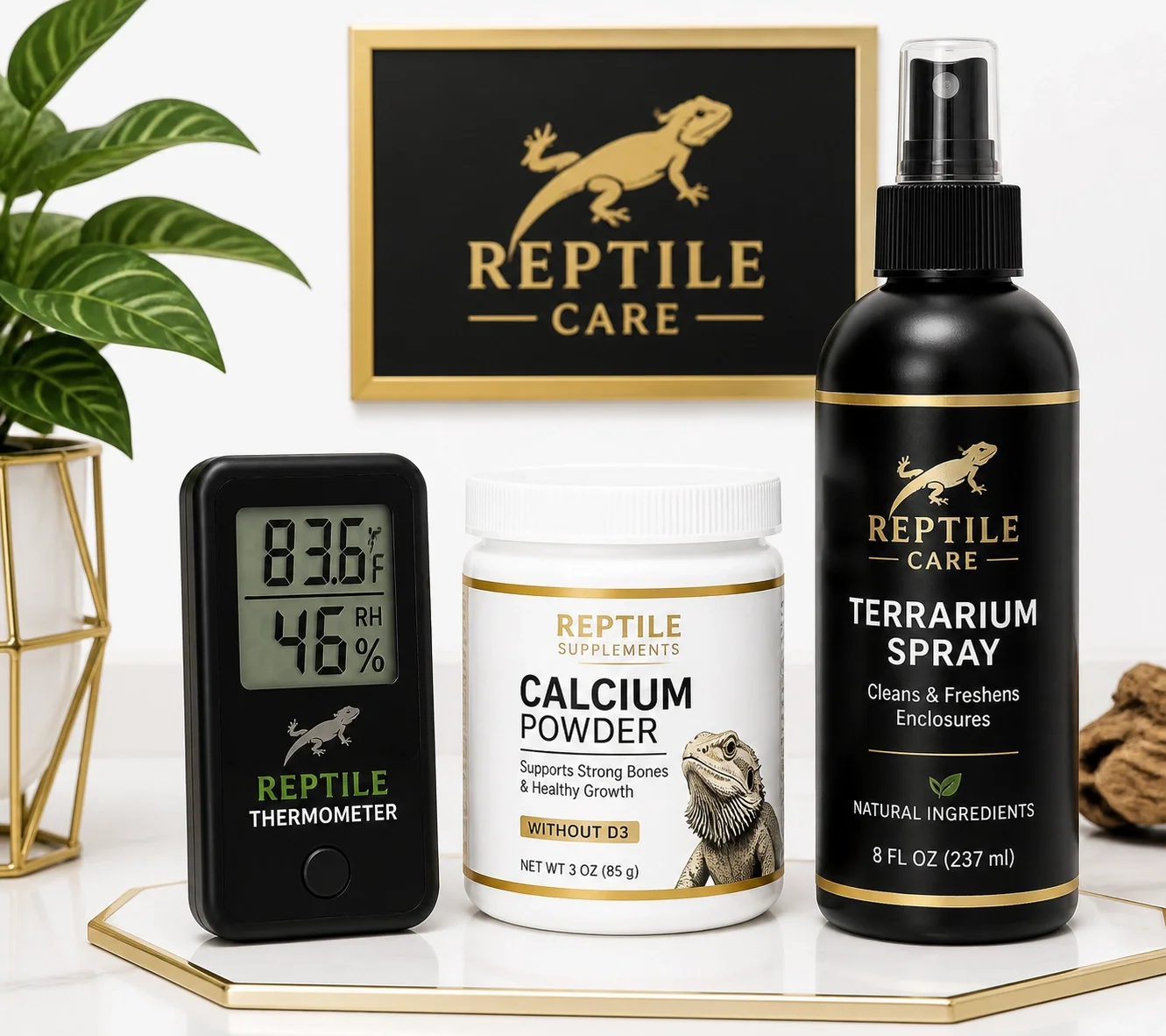 Reptile care supplies including a thermometer, calcium powder, and spray bottle