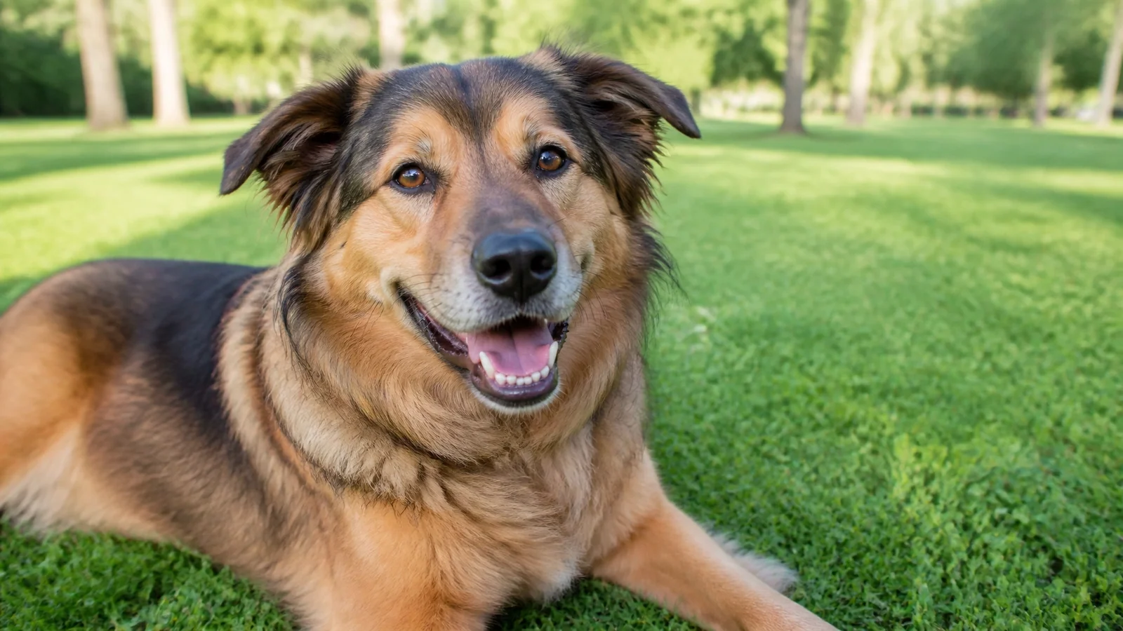 Happy dog lying on grass in a park