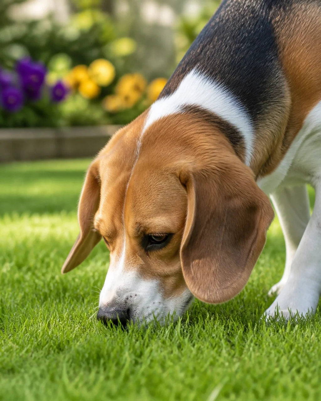 Beagle sniffing clean grass in a bright backyard