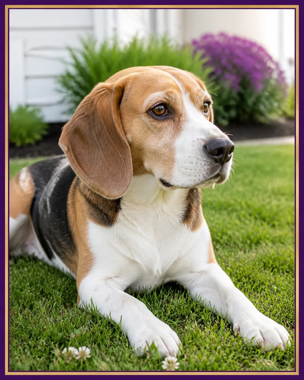 Relaxed beagle resting in a tidy Louisville-area yard