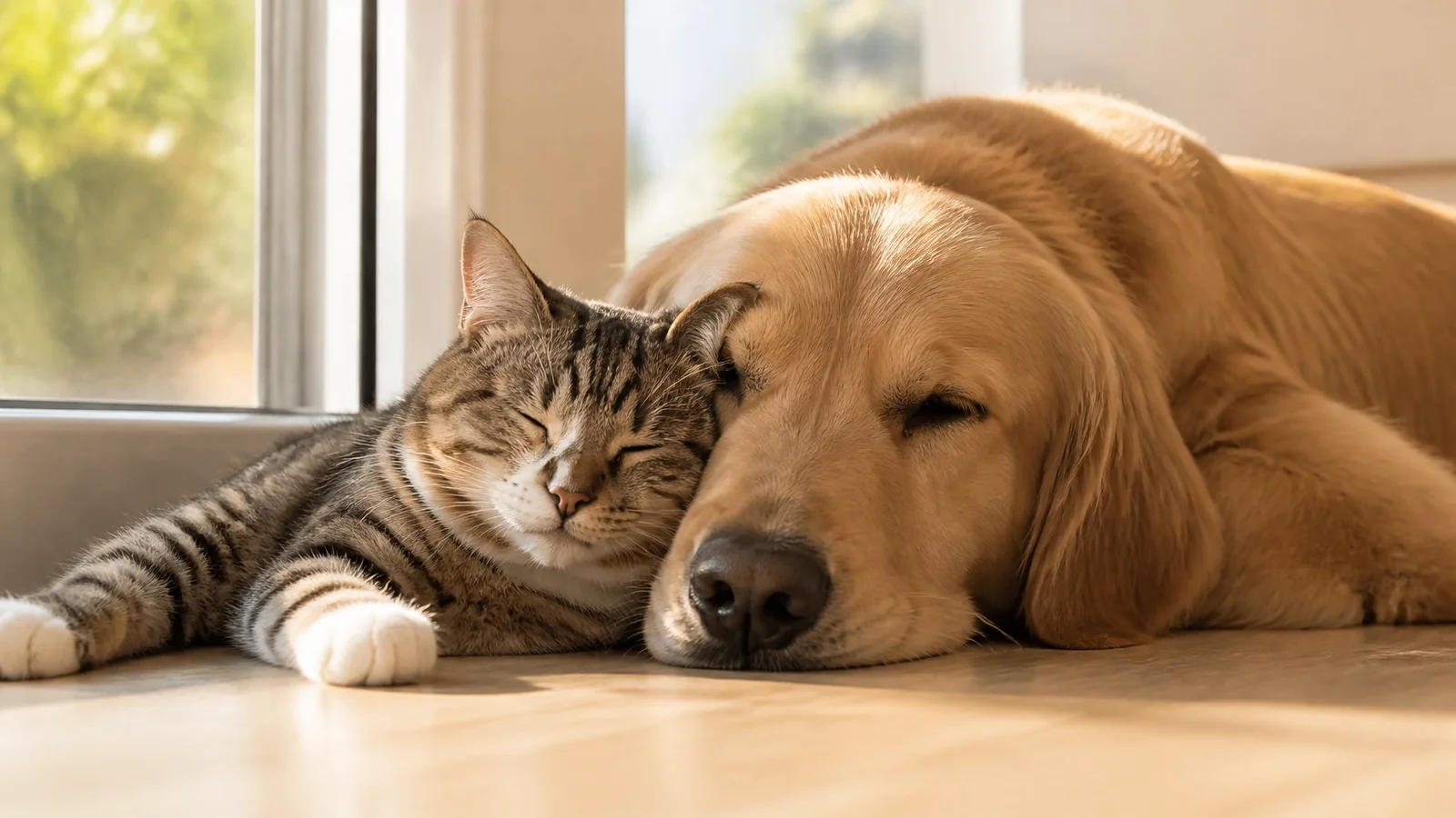 Relaxed cat and dog resting indoors near a sunny window