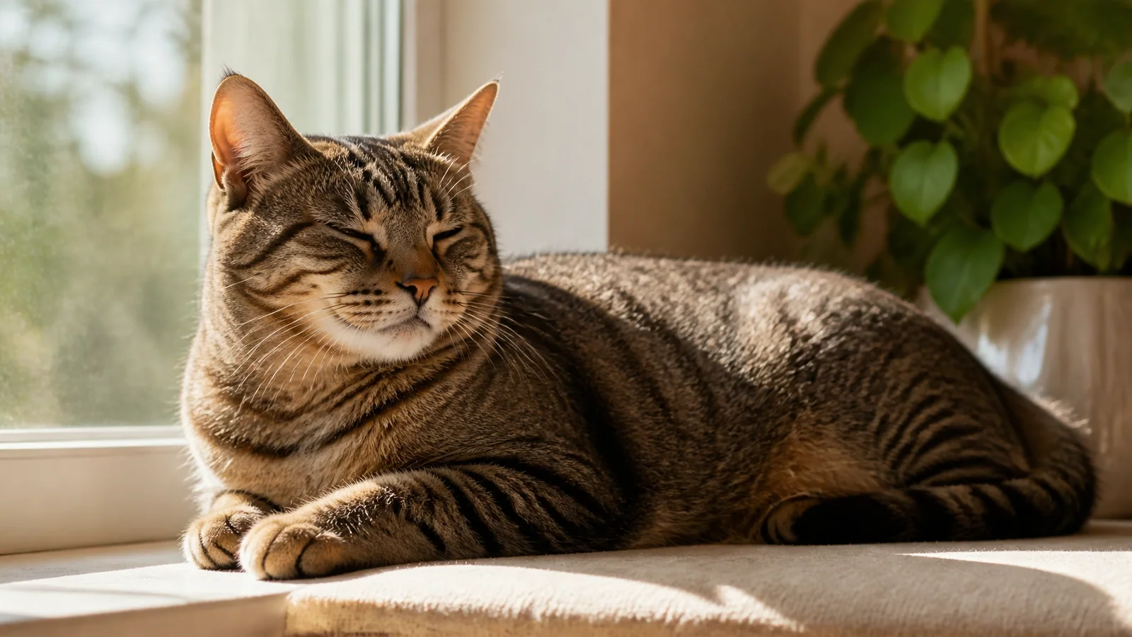 Content tabby cat lounging peacefully on a windowsill in soft afternoon sunlight