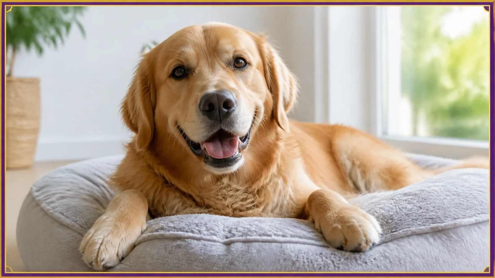 Happy dog resting comfortably on a plush dog bed in a pet-only image with no people, uniforms, logos, or text