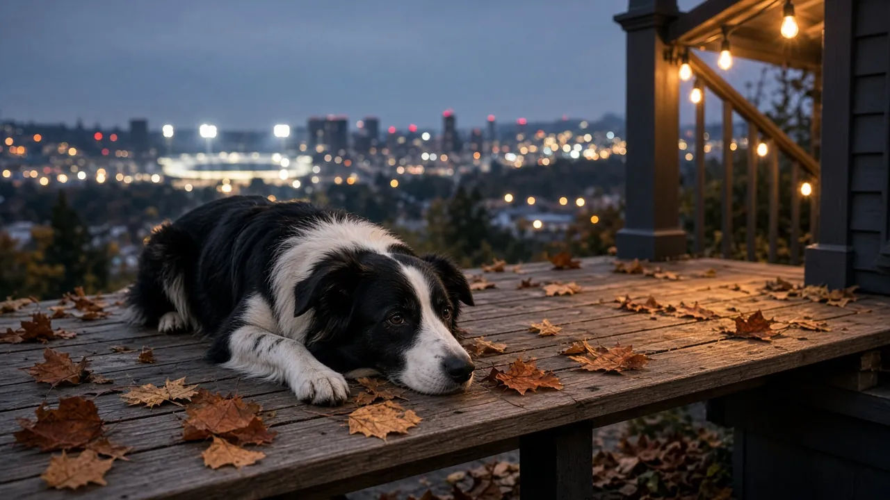 Border collie resting on an autumn porch with city and stadium lights in the distance