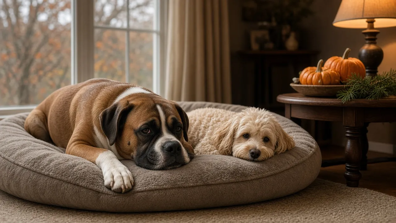 Boxer and small poodle mix resting together on a dog bed in a lamp lit living room in late autumn
