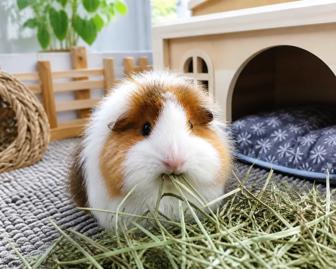 A fluffy guinea pig munching happily on fresh hay in a clean indoor setup