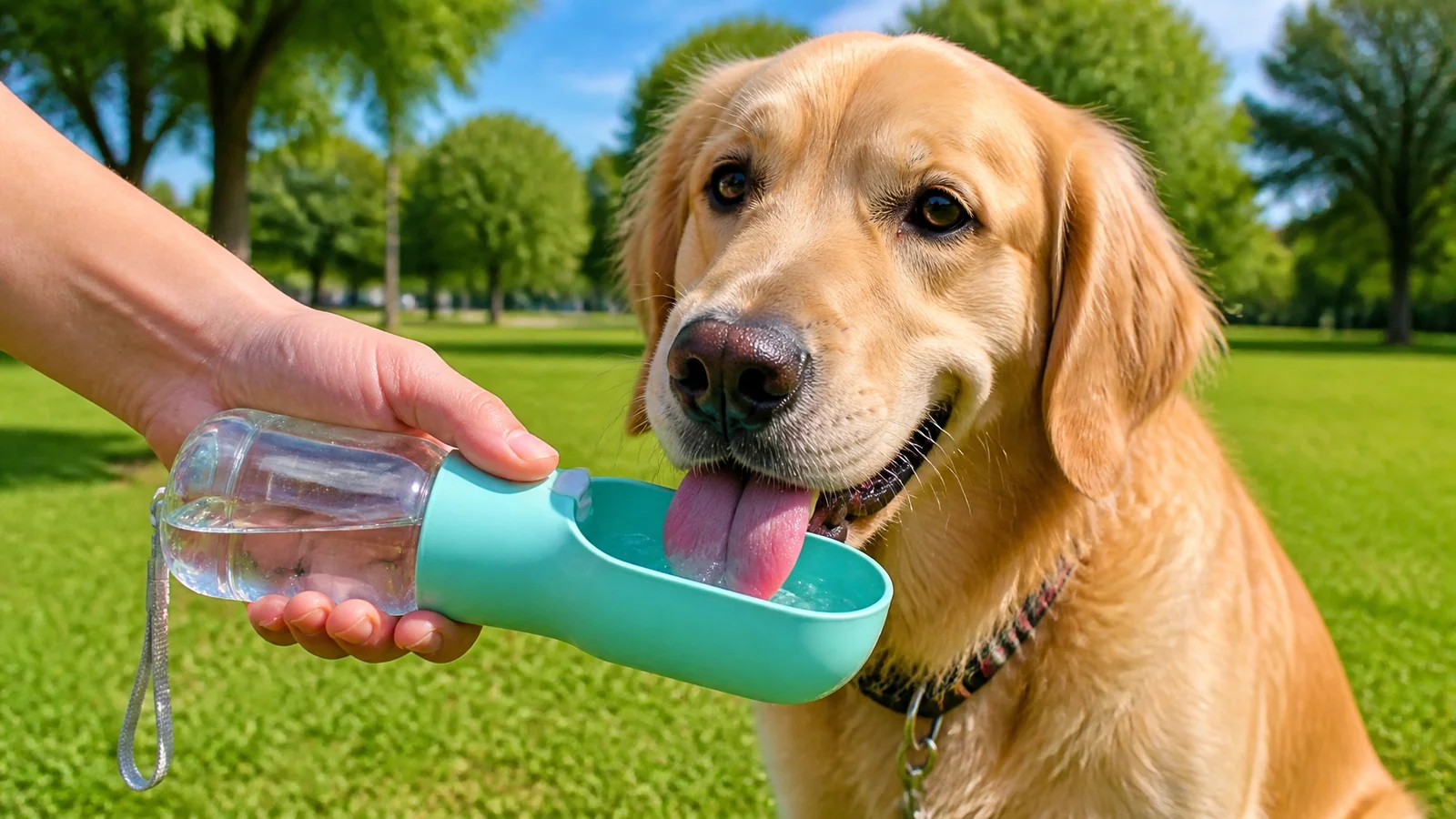 A joyful dog drinking fresh cool water from a portable bottle outdoors in a park
