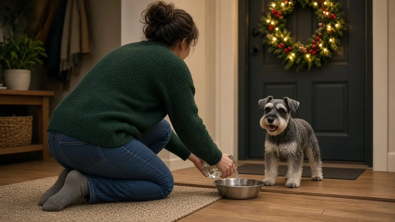 Caregiver refilling a water bowl for a miniature schnauzer in an entryway with a holiday wreath