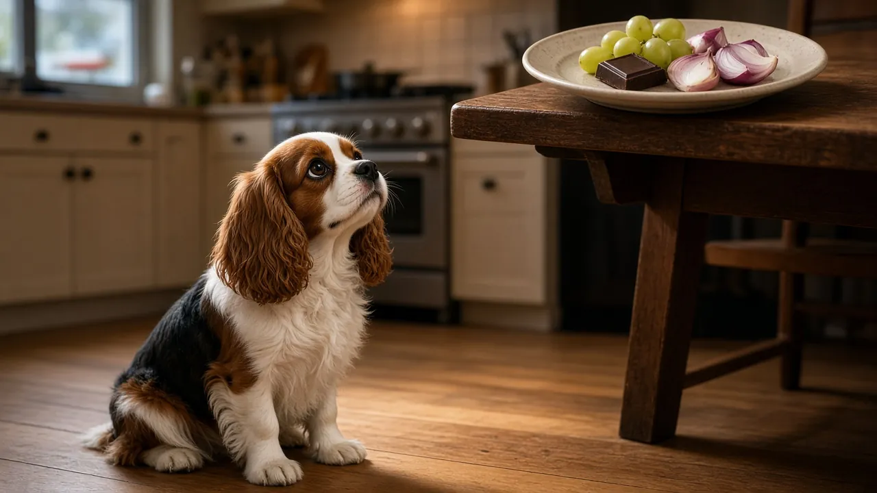 Cavalier King Charles spaniel looking up at a plate of grapes, chocolate and onion on a table