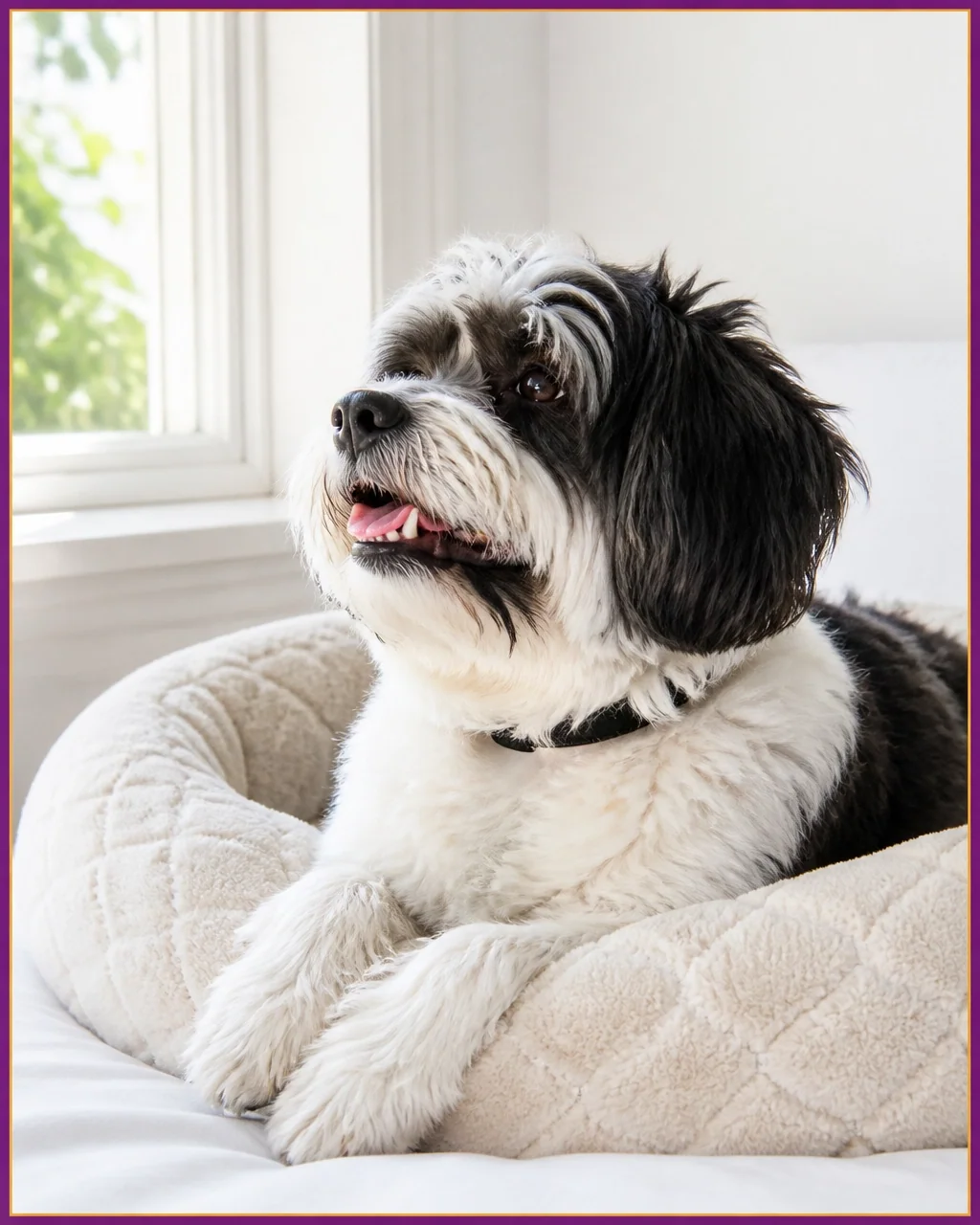 Healthy black-and-white dog relaxing indoors