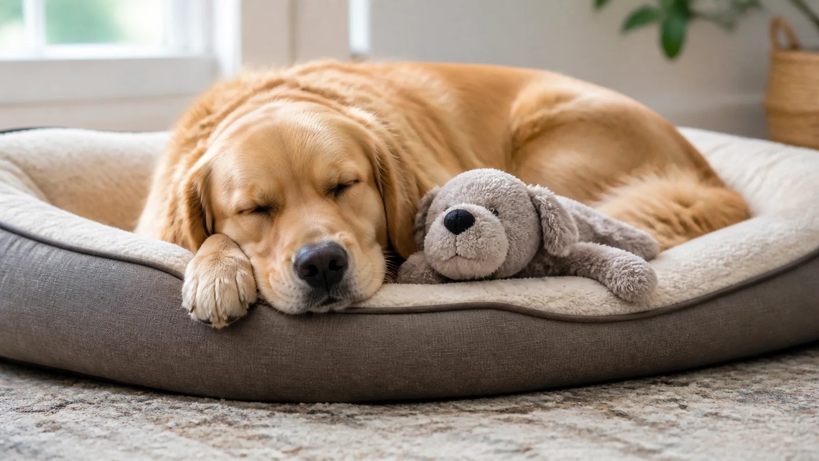 Peaceful dog napping on a comfortable dog bed with a soft toy nearby