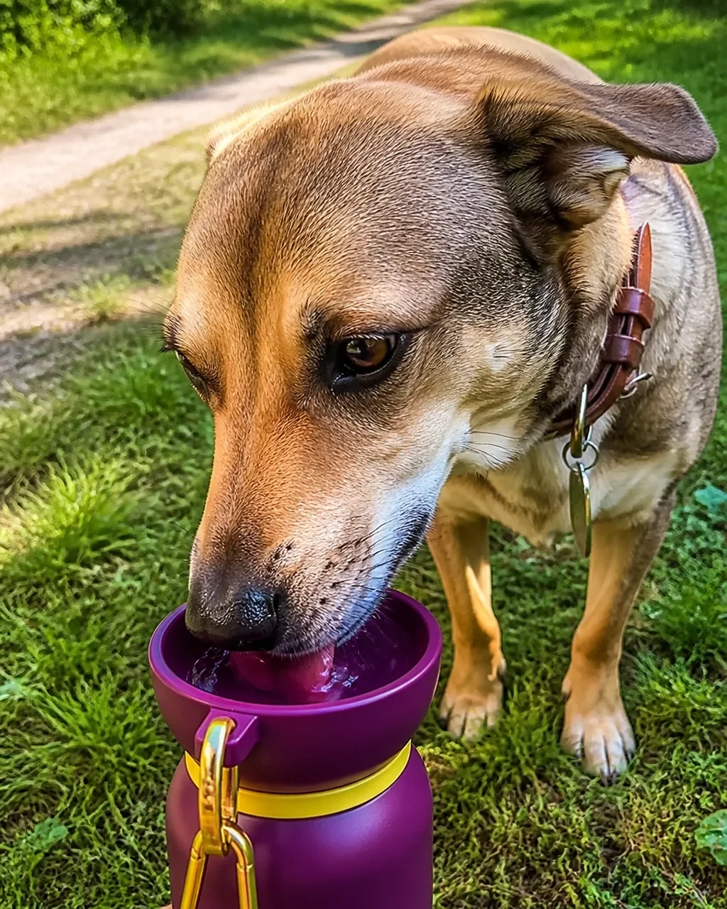 Dog drinking from a portable water bottle beside a grassy trail