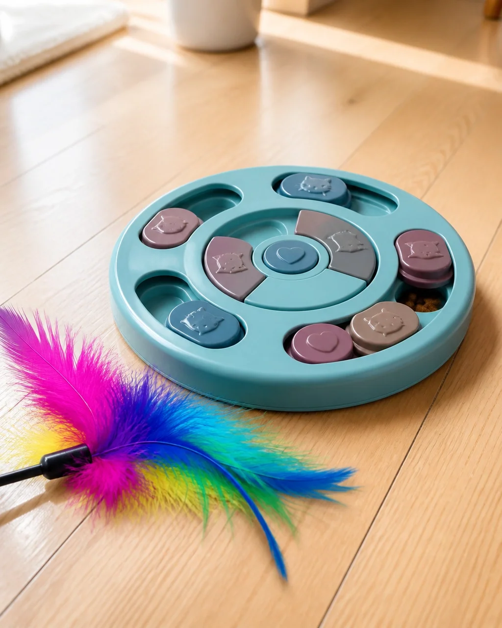 An interactive cat puzzle toy and colorful feather wand on a clean hardwood floor