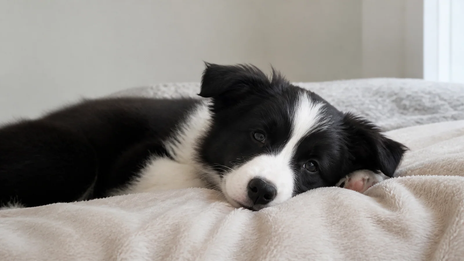 A cozy resting scene with a relaxed black-and-white puppy looking content