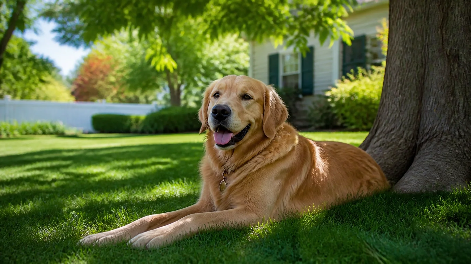 A cute dog relaxing under the cool shade of leafy trees in a green suburban yard