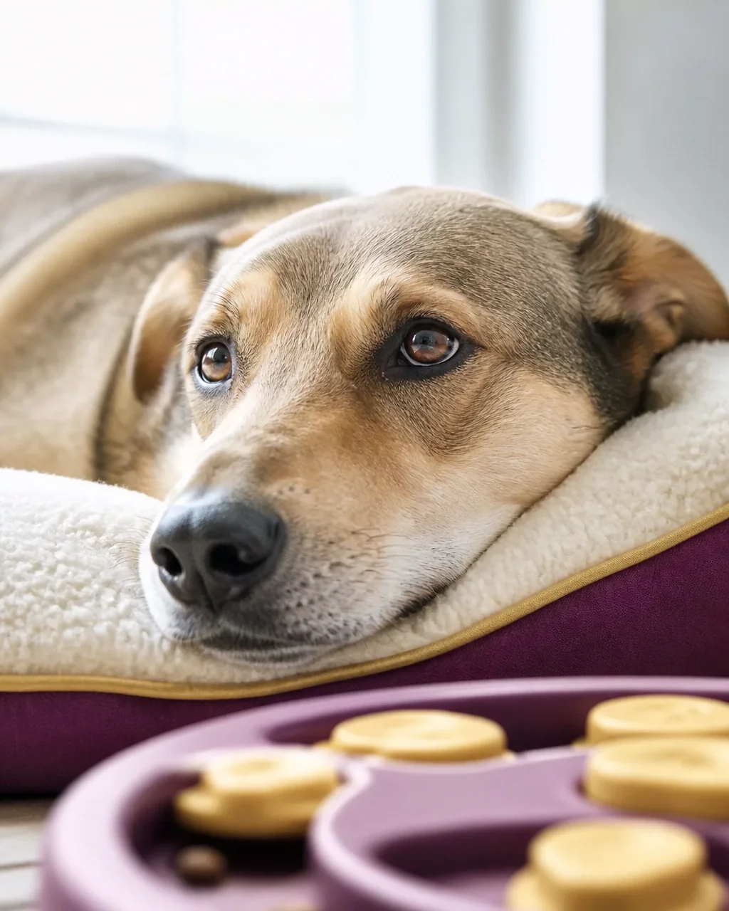 Peaceful dog relaxing beside a blanket and familiar toy indoors