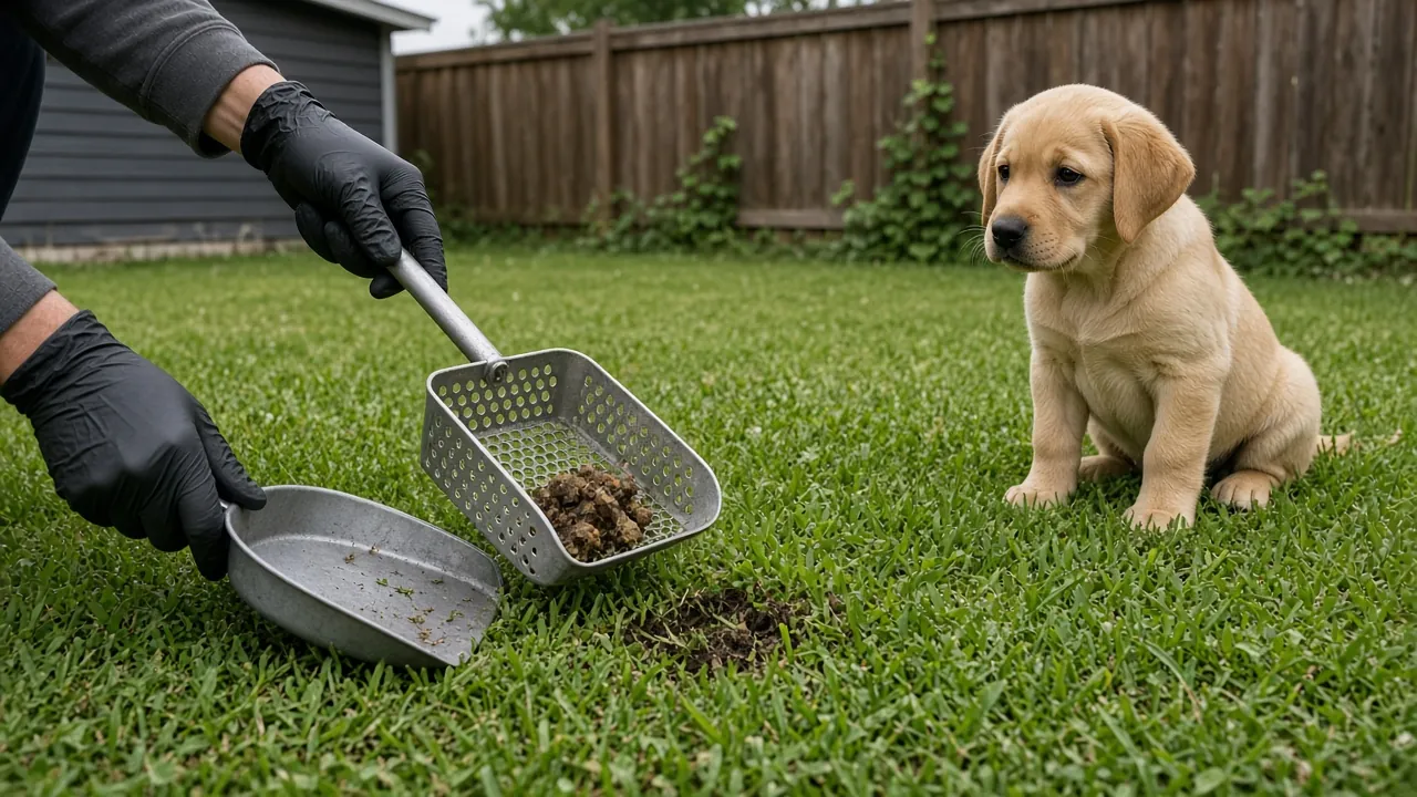 Gloved hands scooping dog waste from a lawn while a yellow Labrador puppy watches