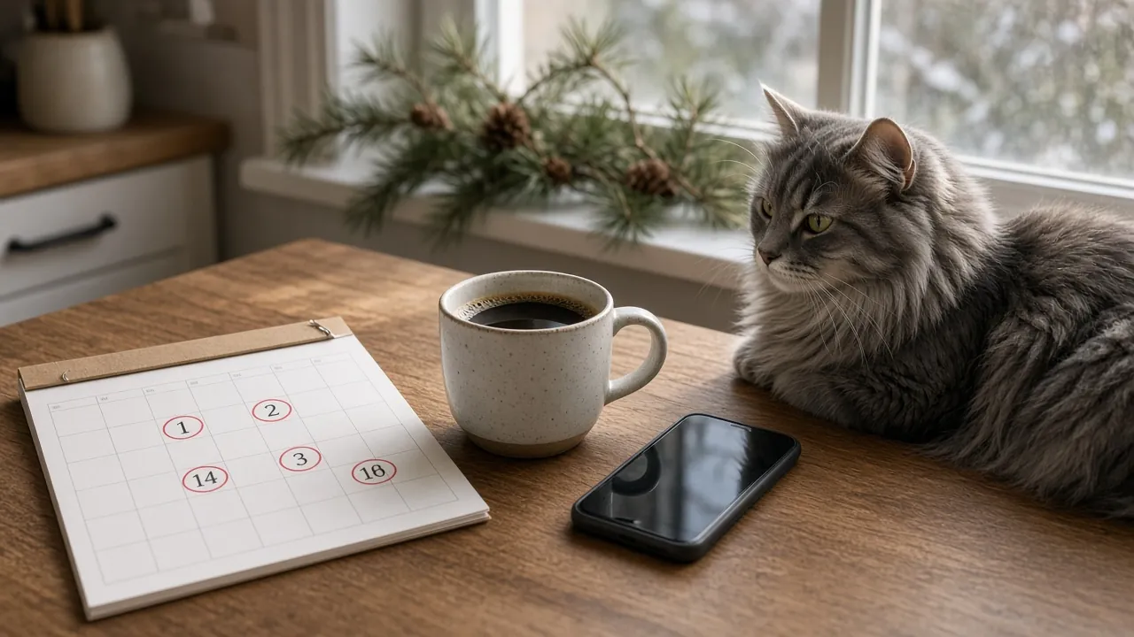 Long haired gray cat beside a calendar with circled dates, a coffee mug and a phone