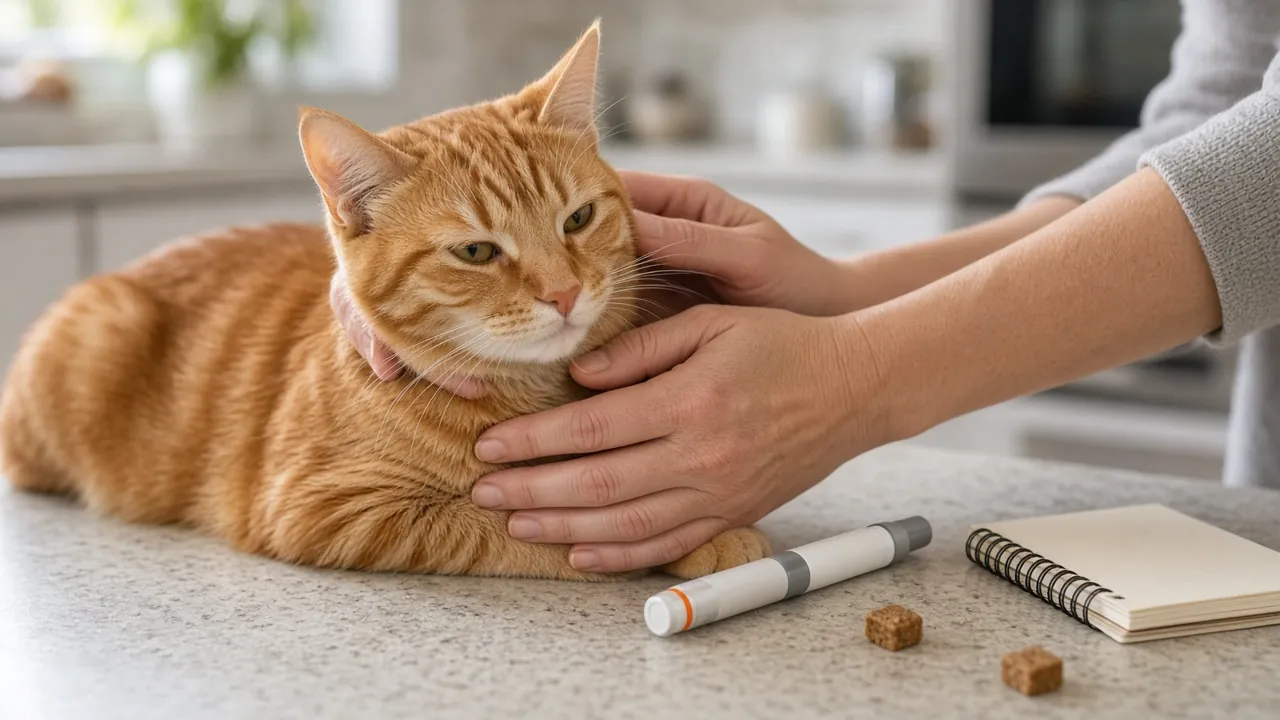 Caregiver hands steadying an orange tabby cat on a kitchen counter beside an insulin pen and log book