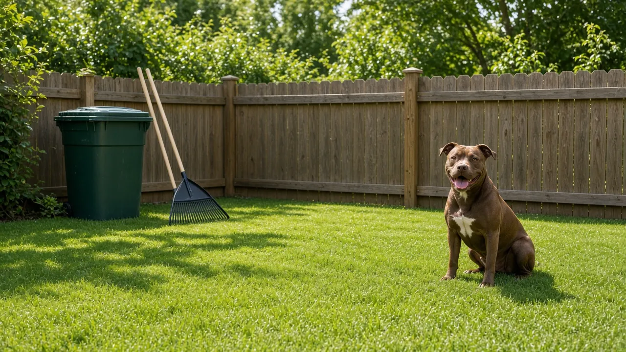 Brown pit bull mix sitting on a clean fenced backyard lawn beside a waste bin and rake